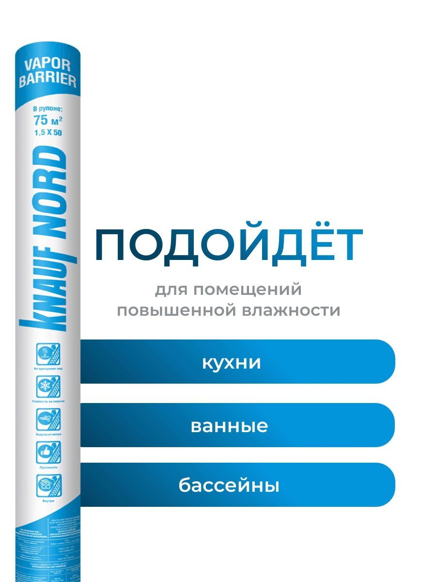 Пленка гидропароизоляциооная KNAUF Nord Vapor Barrier, 240 мк, 1,5х50 м, 75 м2 